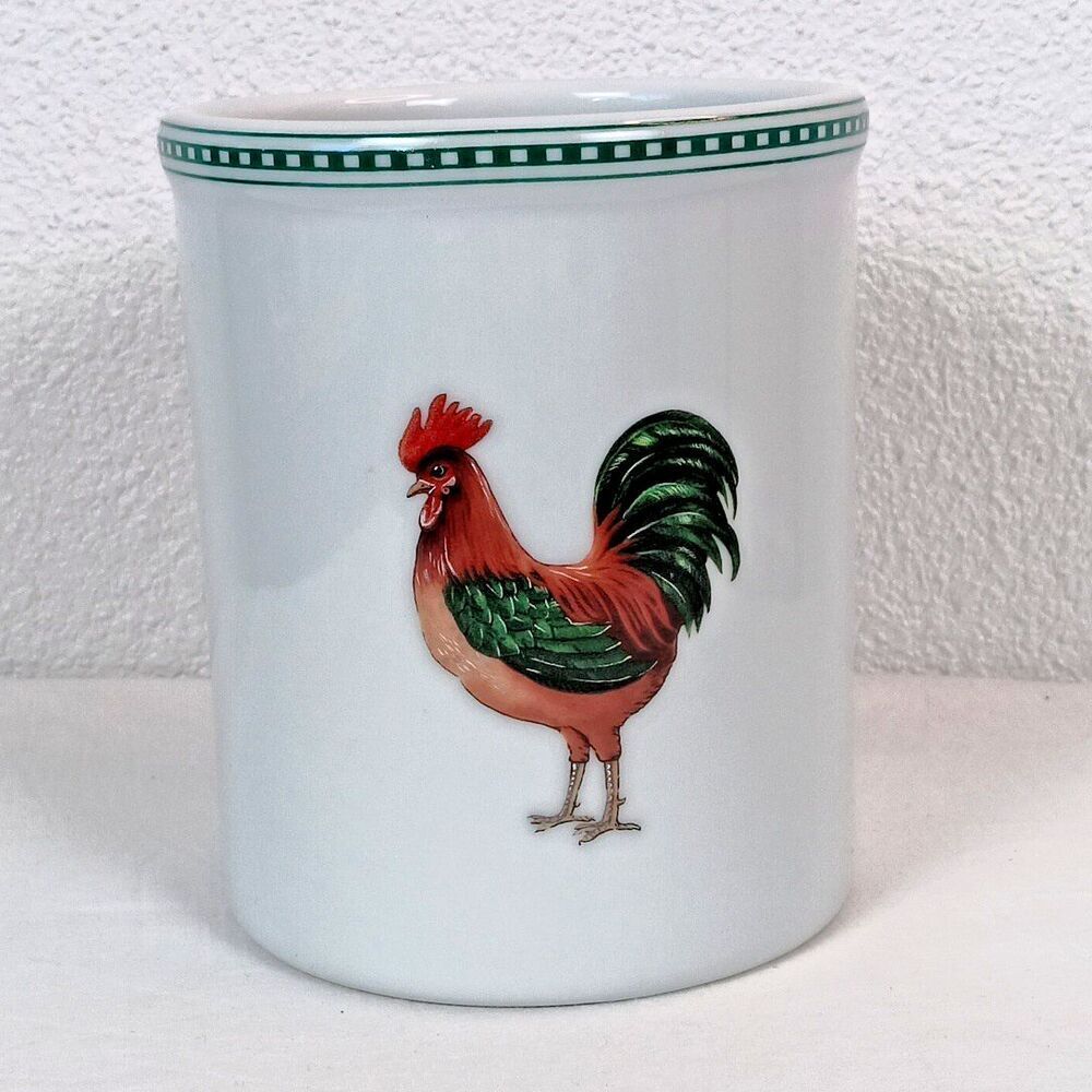 Late 20th Century Rooster White Stoneware Utensil Holder Crock Bia Cordon Bleu